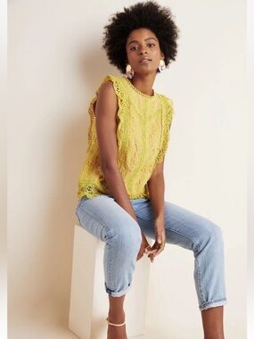 Anthropologie Eri + Ali Sydney Lace Tank Yellow Ruffle Scallop Top XS